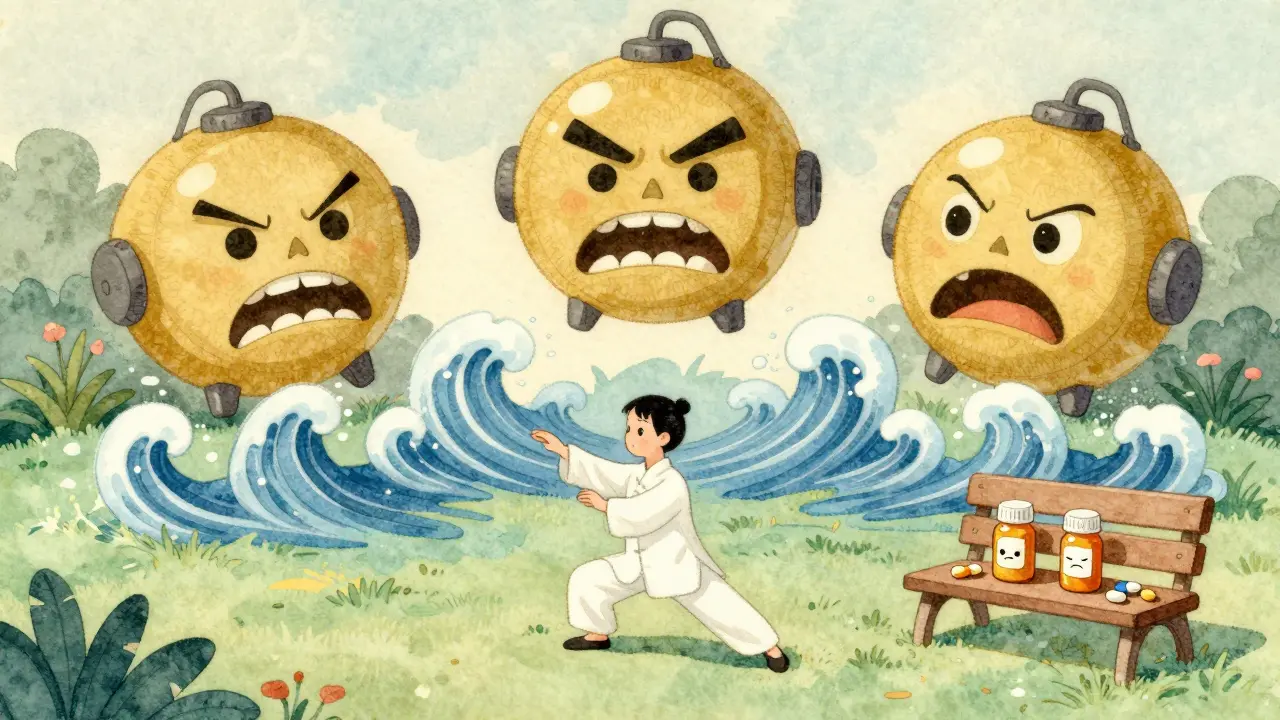 Personne pratiquant le tai-chi dans un jardin, les vagues apaisantes réduisent les alarmes de douleur, des comprimés inutilisés à côté.