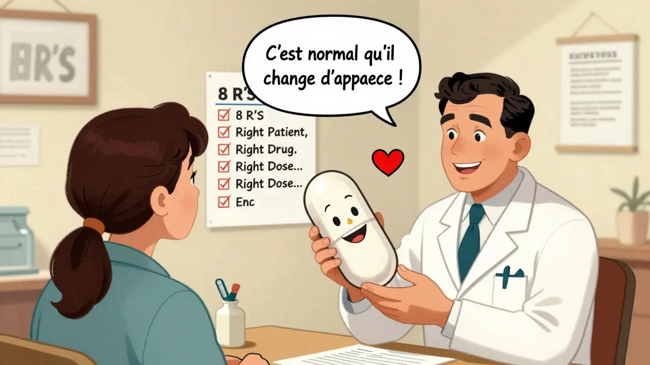 Pharmacien rassurant un patient en expliquant les différences visuelles des génériques avec une checklist visuelle.