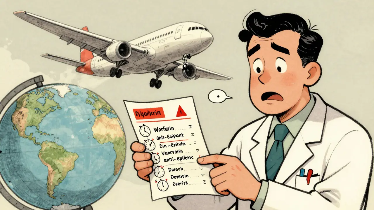 Pharmacien remettant un planning manuscrit pour la prise de médicaments pendant un vol international.