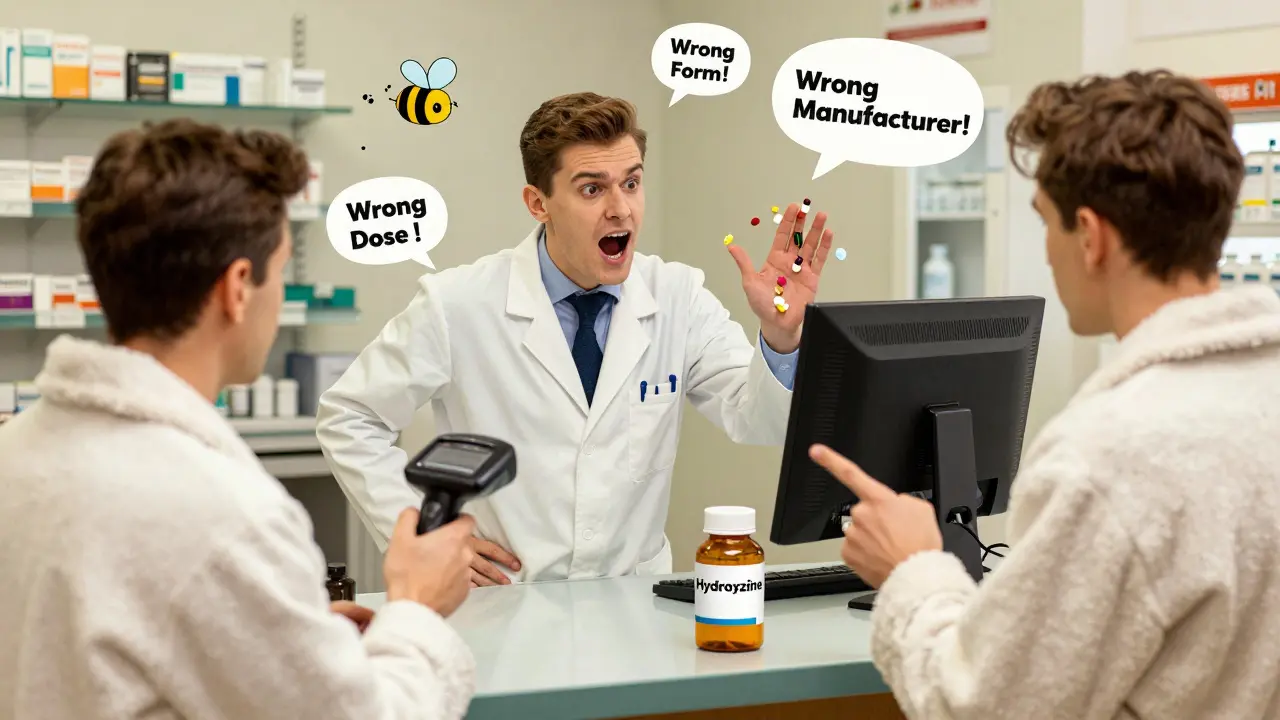 Pharmacien stressé au comptoir entouré de pilules colorées et d'alertes d'erreur flottantes dans une pharmacie.