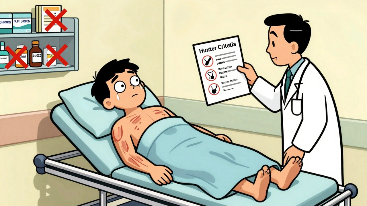 Scène d&#039;urgence médicale avec patient en rigidité musculaire et médecin vérifiant les critères de Hunter.