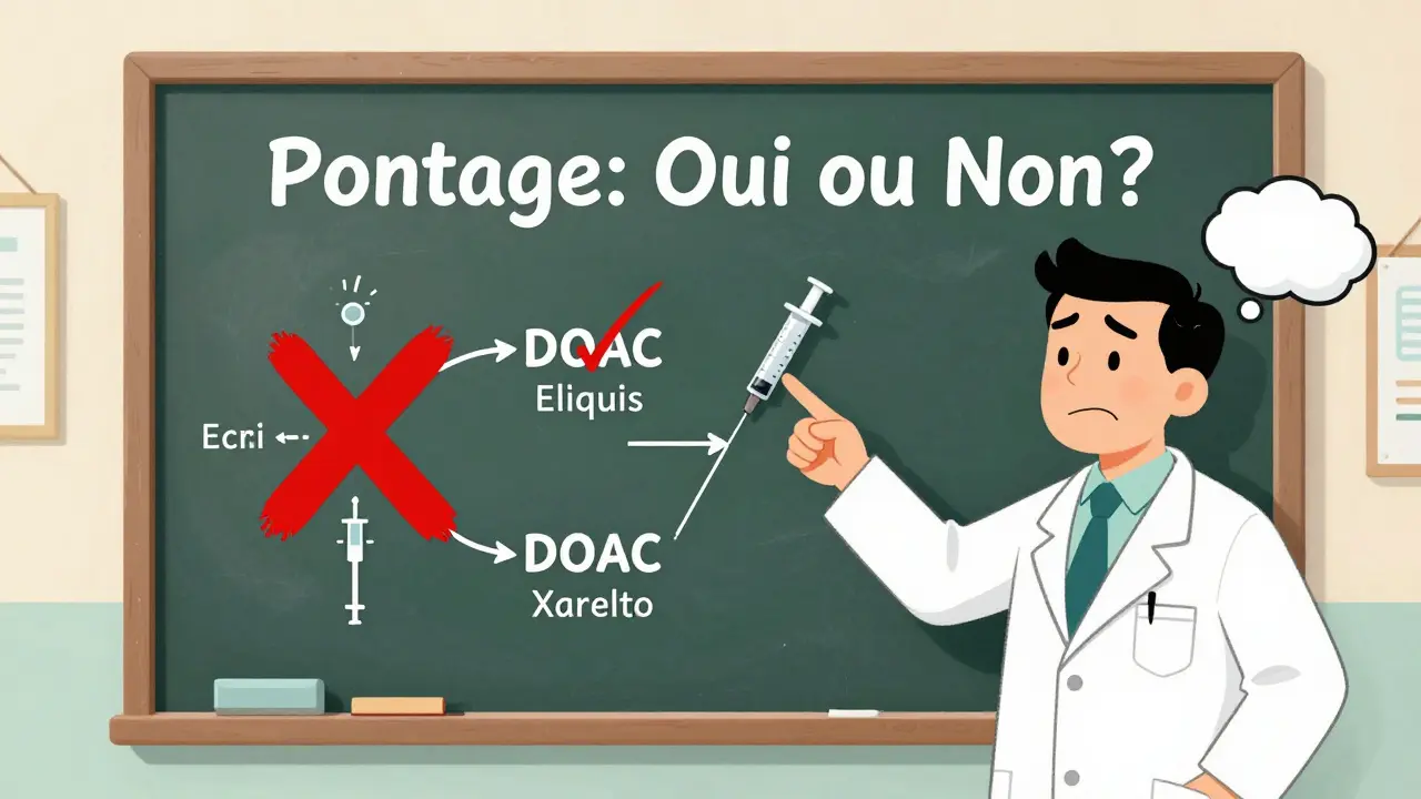 Schéma humoristique montrant la différence entre pontage et traitement par DOAC sans injections.