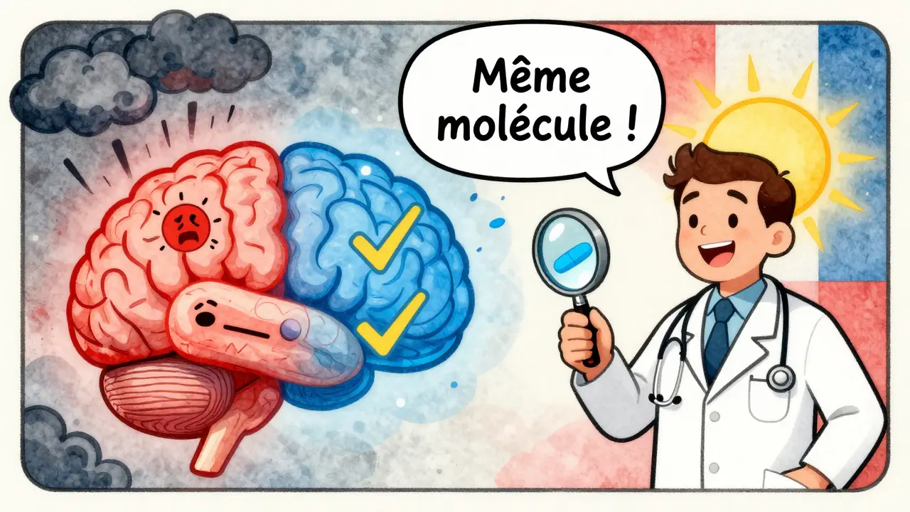 Un cerveau divisé entre peur et confiance, avec une pilule identique au centre, illustré dans un style cartoon vintage.