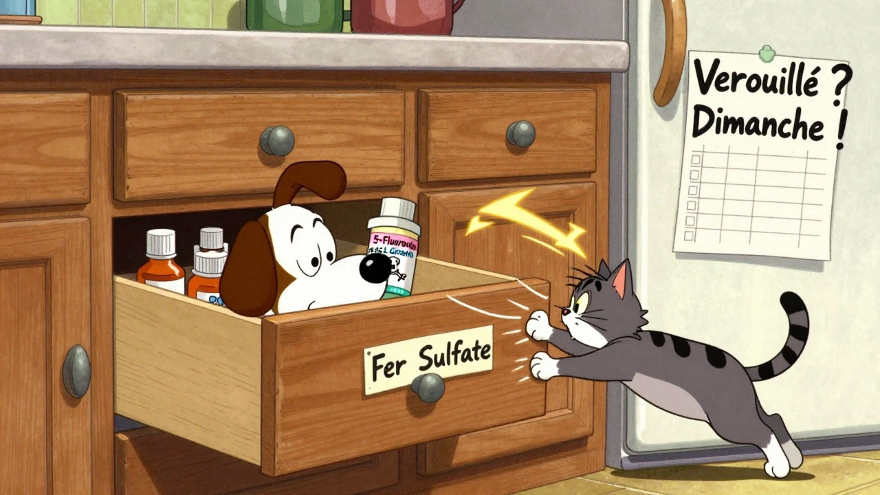 Un chien ouvre un tiroir de cuisine rempli de médicaments, un chat saute vers un autre tiroir.