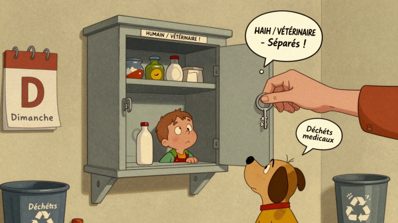 Un coffre-fort verrouillé haut sur un mur de cuisine, avec un enfant et un chien qui regardent en haut.