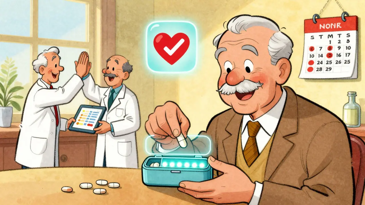 Un homme âgé utilise une boîte à pilules intelligente avec des voyants lumineux et un message de succès.