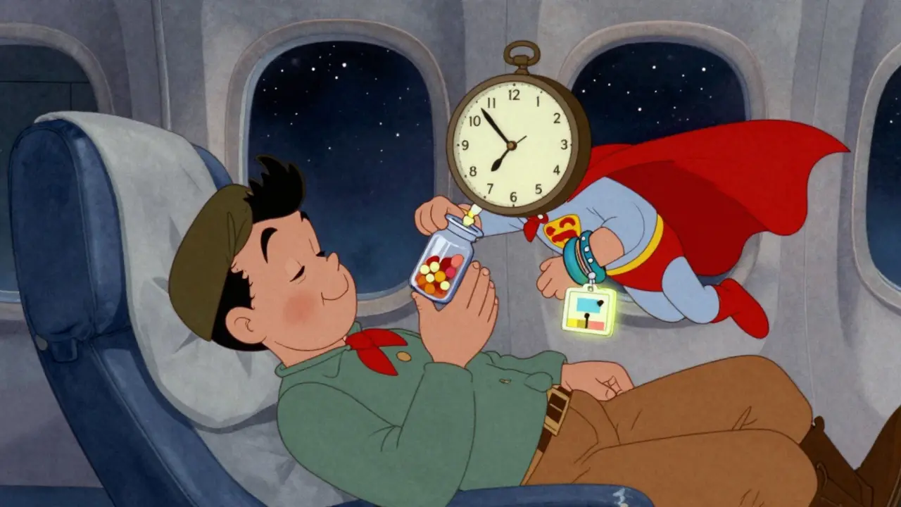 Un horloge malicieuse essaie de voler une pilule pendant qu'une autre horloge héroïque la sauve sur un avion.