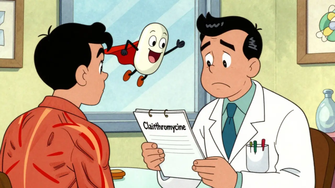 Un médecin prescrit un antibiotique dangereux, tandis qu'une pilule en superhéros remplace le risque par une solution sûre.