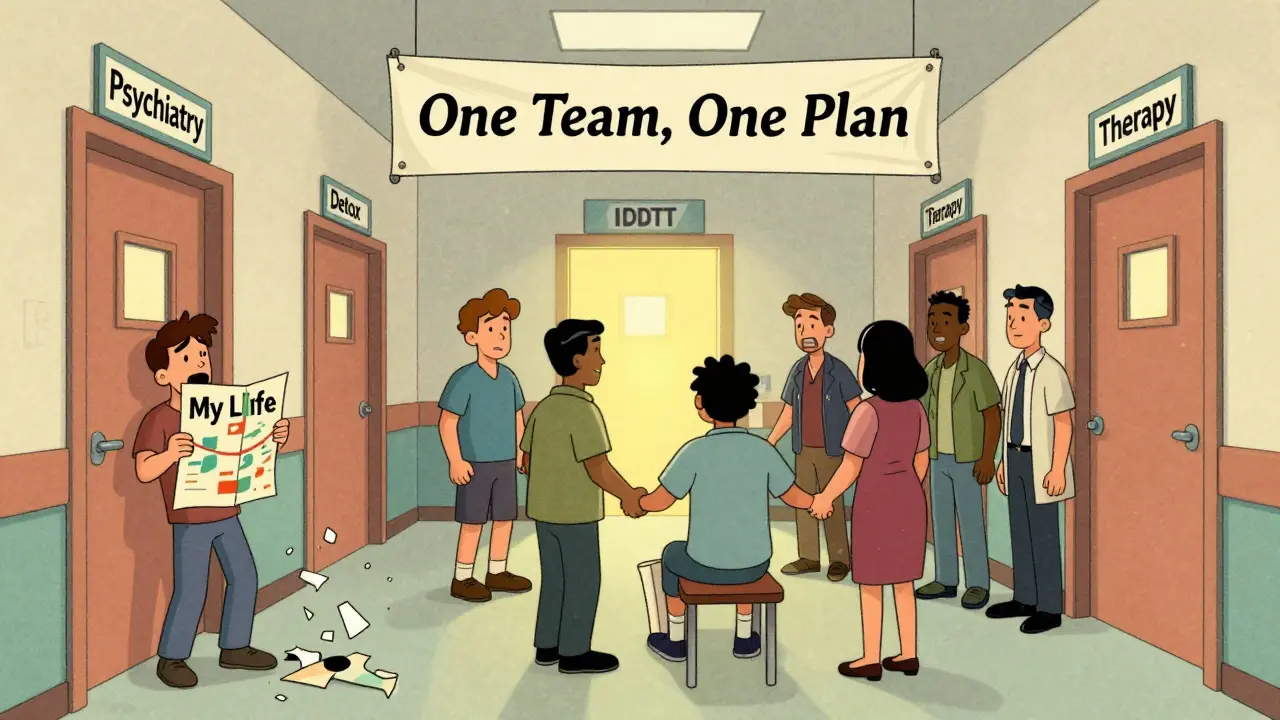 Un patient perdu dans un couloir de services séparés, tandis qu'une seule porte IDDT brille chaleureusement.