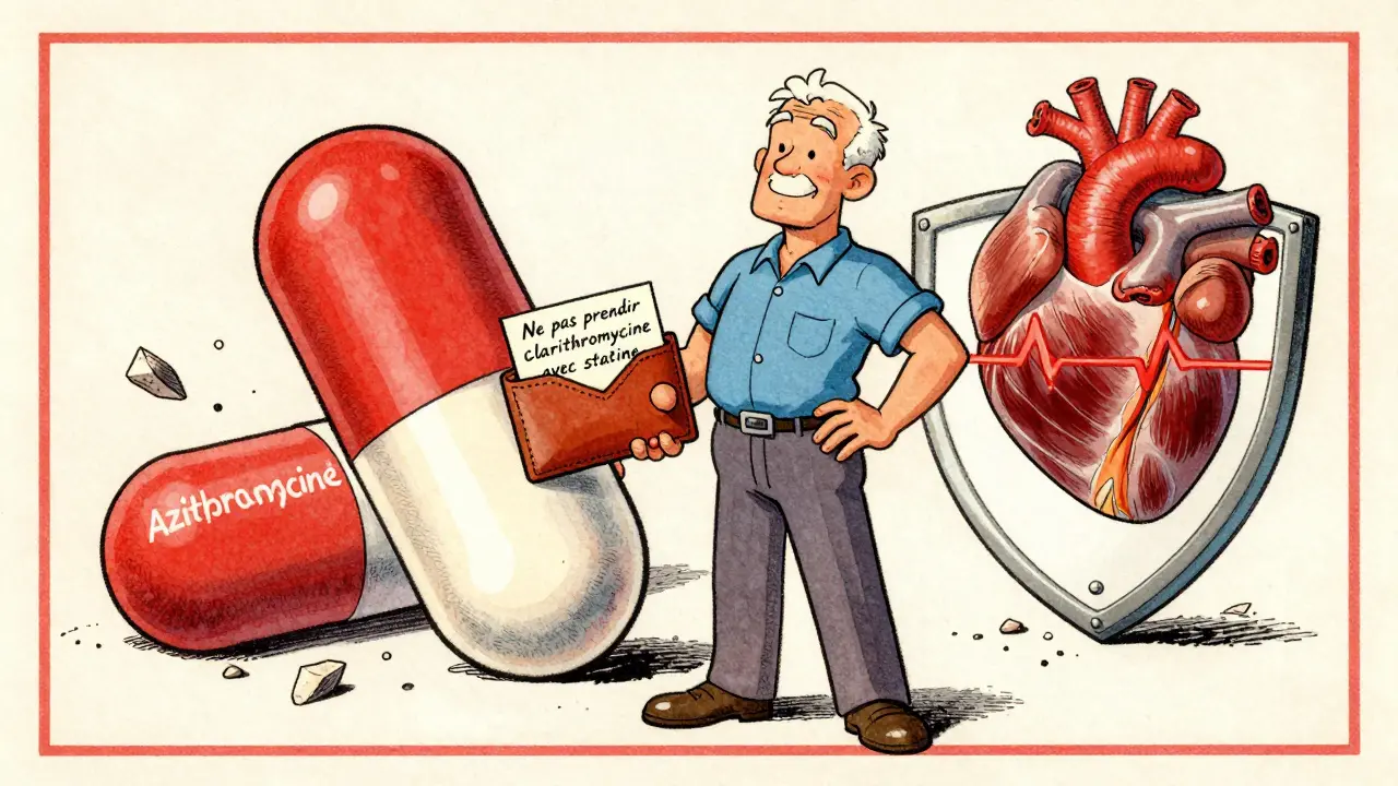 Un patient protégé par une note dans son portefeuille, face à une pilule azithromycine bouclier qui élimine les risques musculaires.