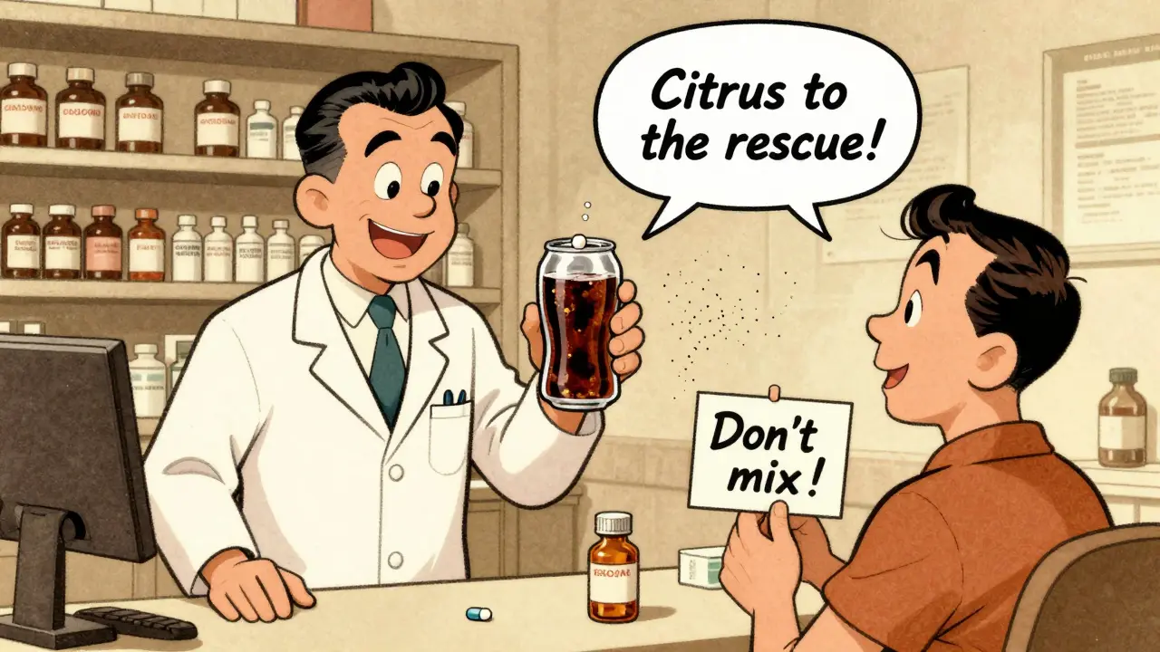 Un pharmacien propose du cola pour aider l'absorption d'un antifongique, dans un style vintage.