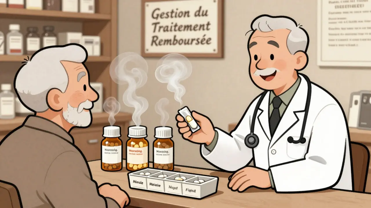 Un pharmacien remet une seule pilule combinée à un patient, tandis que d'autres flacons disparaissent.