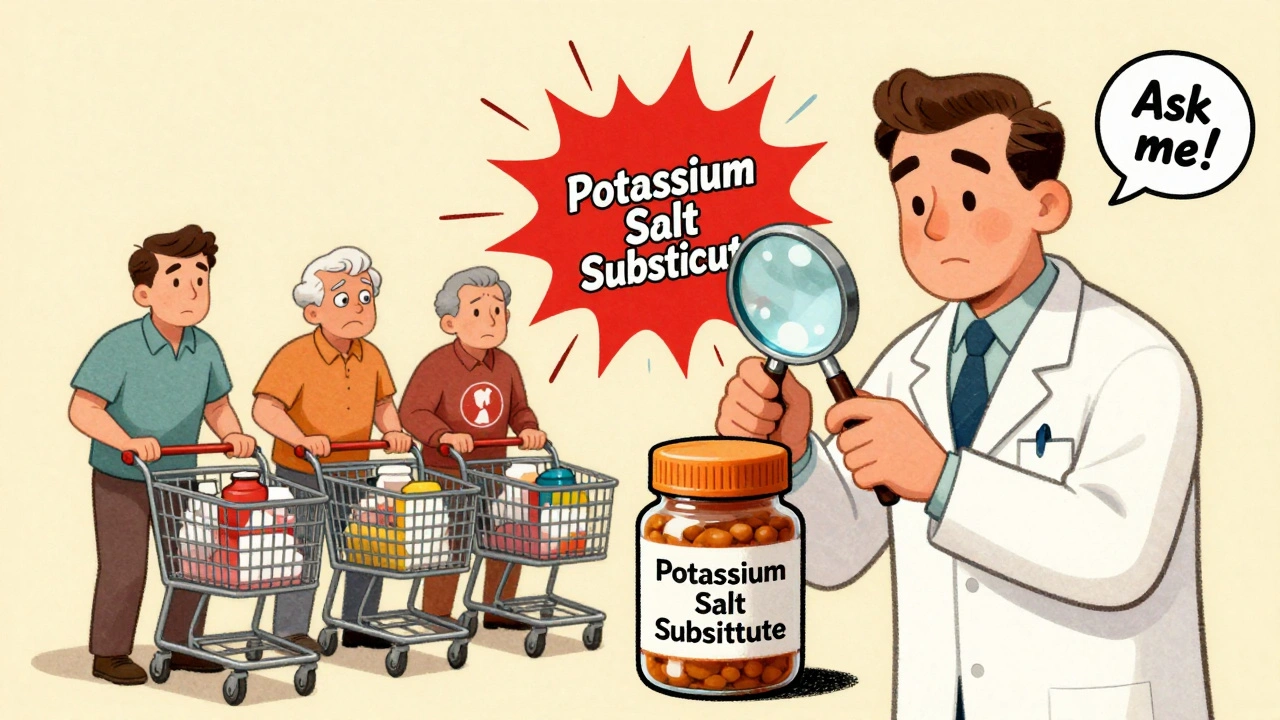 Un pharmacien tente d&#039;avertir des patients sur les risques des substituts de sel, dans un style cartoon vintage.