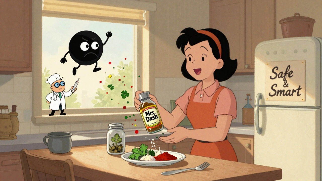 Une femme cuisine avec des herbes au lieu de sel, tandis qu&#039;un atome de potassium est chassé par un médecin.