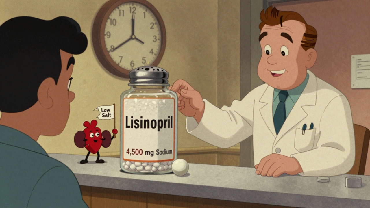 Une pilule antihypertensive étouffée par un énorme sel, tandis qu&#039;un cœur et un rein brandissent un drapeau &#039;faible en sel&#039;.