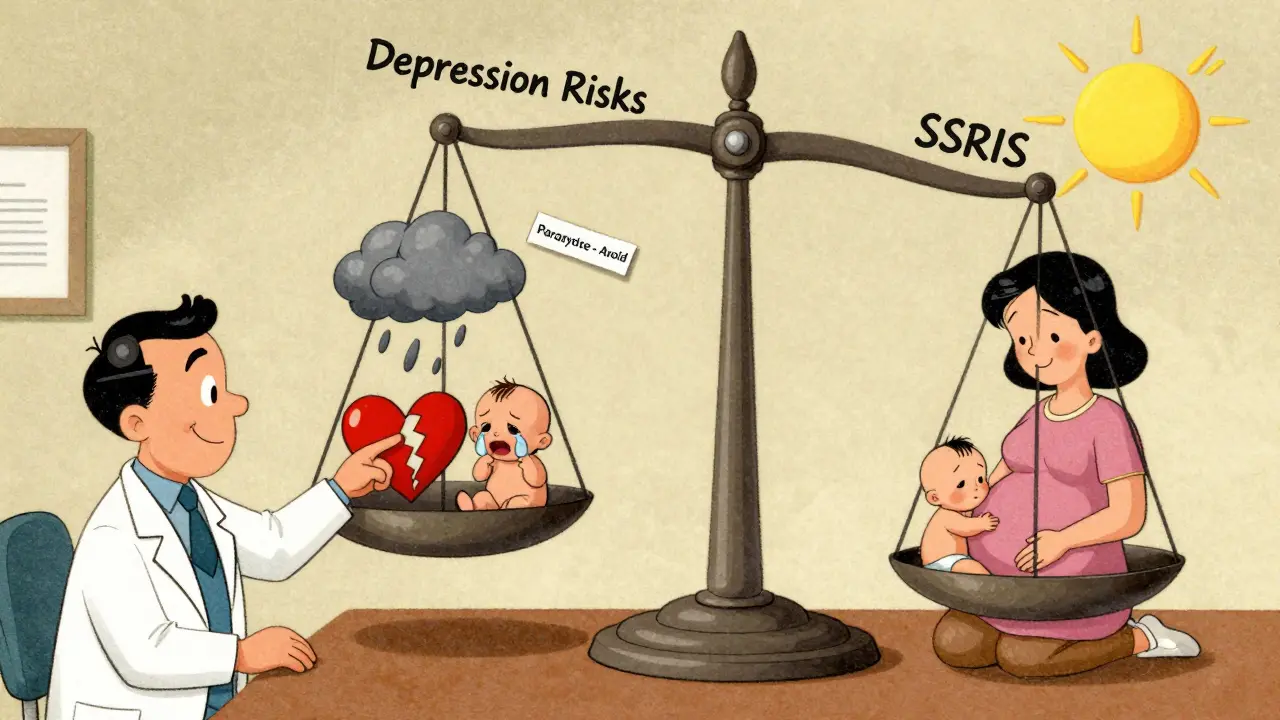 Balance illustrée comparant les risques de la dépression non traitée aux bénéfices des ISRS, avec un signe 'Paroxétine - À éviter'.