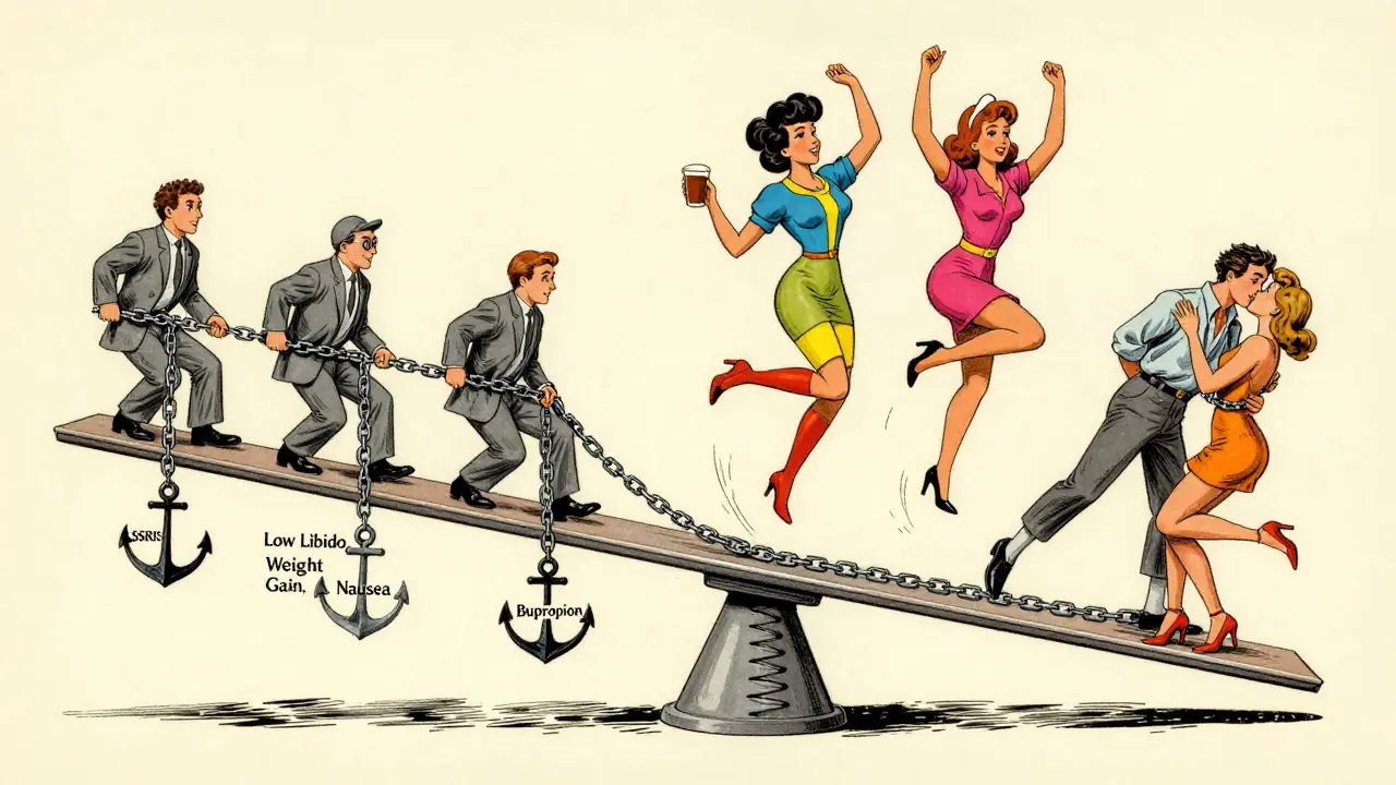 Bascule mentale : d'un côté des personnes écrasées par les effets des SSRIs, de l'autre libérées par le bupropion.