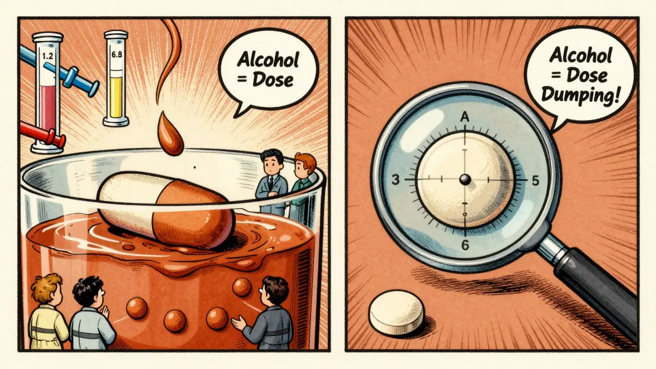 Comparaison cartoon de deux pilules, générique et de marque, qui se dissolvent à la même vitesse sous différents pH.