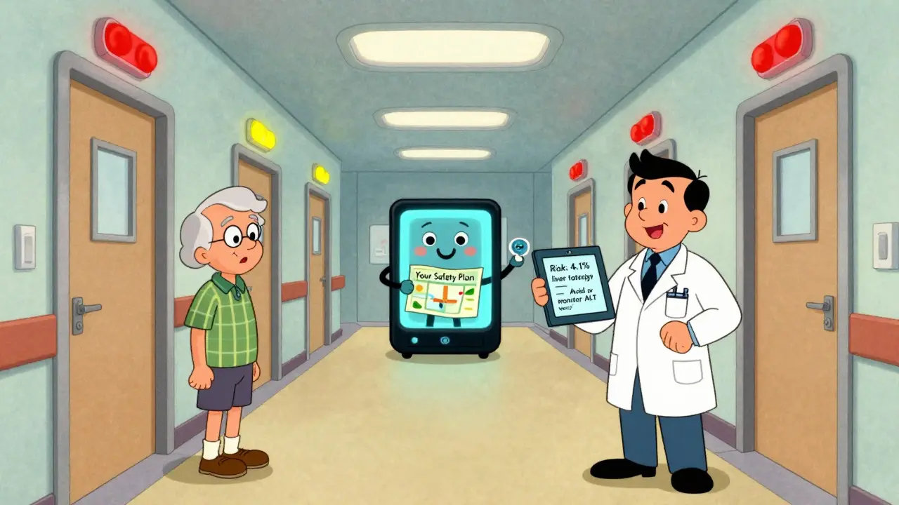 Couloir d'hôpital avec des lumières d'avertissement personnalisées et un algorithme qui devient un guide amical, style cartoon des années 70.