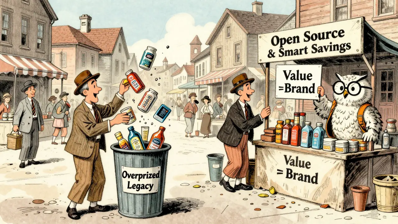 Des clients jettent des produits chers pour choisir des alternatives économiques sur un marché.