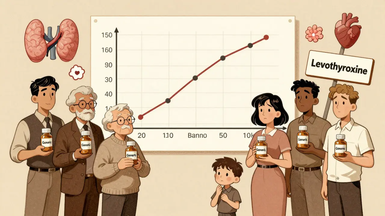Des patients heureux tiennent des génériques, devant un graphique montrant des résultats identiques à ceux des marques.