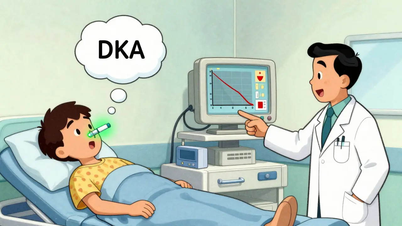 Deux patients en urgence médicale : l'un en hypoglycémie avec glucagon nasal, l'autre en DKA avec haleine fruitée, entourés de moniteurs de glycémie opposés.