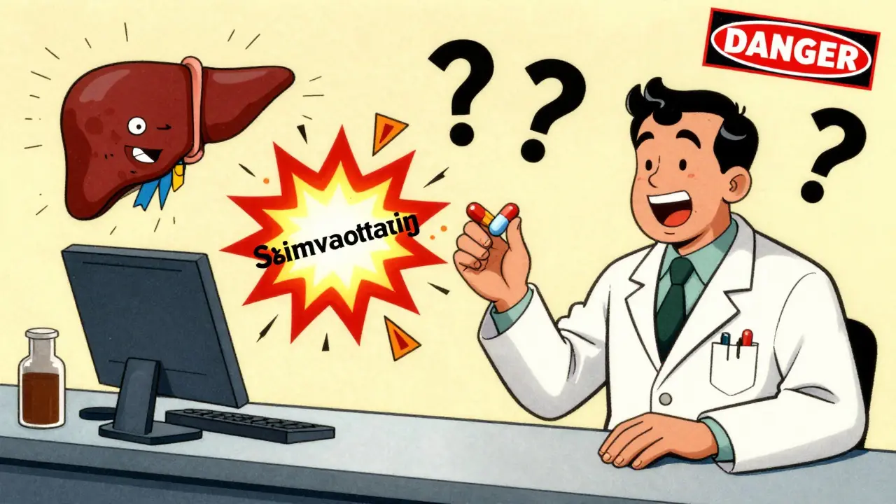 Deux pilules explosent en une alerte médicale, avec un foie et un muscle en détresse, style cartoon ancien.