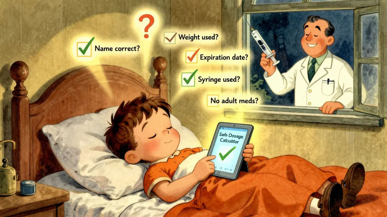 Enfant endormi avec une application de dosage sécurisé et des questions flottantes vérifiées, pharmacien souriant à la fenêtre.