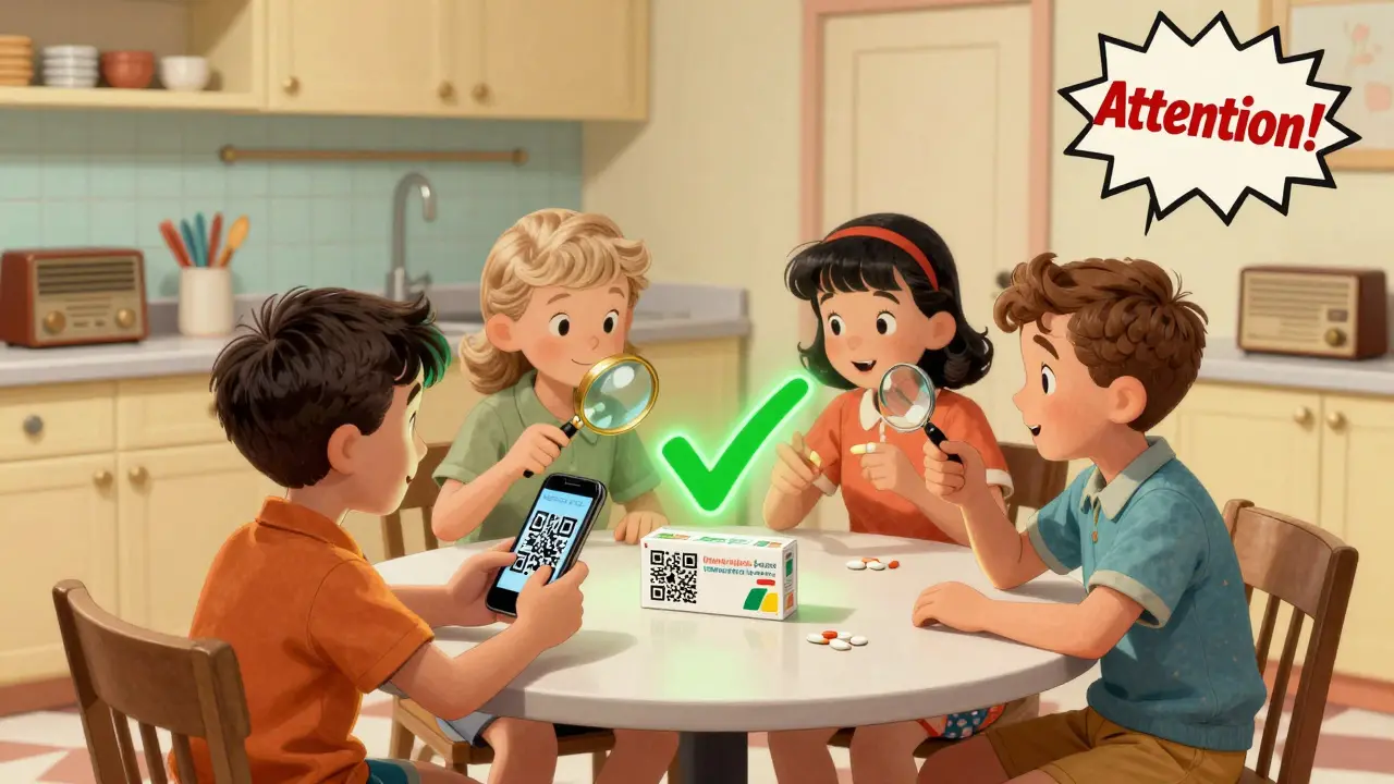 Famille vérifiant un code QR sur un médicament, un signe de vérification apparaît au-dessus.