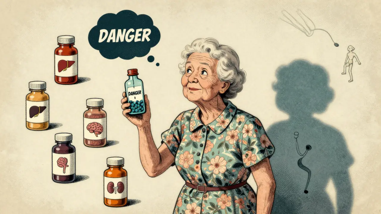 Femme âgée entourée de sept bouteilles de médicaments, son ombre se transforme en personne tombant.