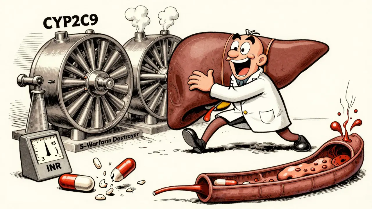 Foie cartoon avec des turbines détruisant la warfarine, provoquant une chute de l'INR et la formation d'un caillot.