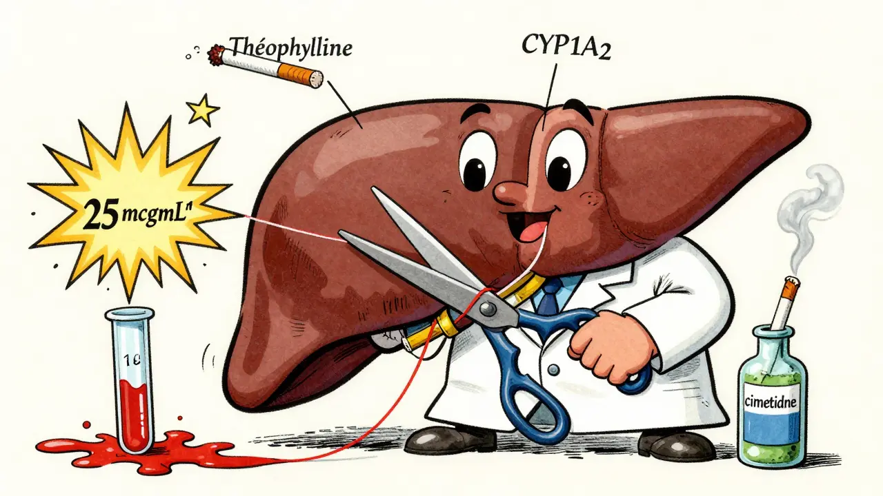 Foie cartoon qui coupe la théophylline, avec des flèches de concentration sanguine en hausse.