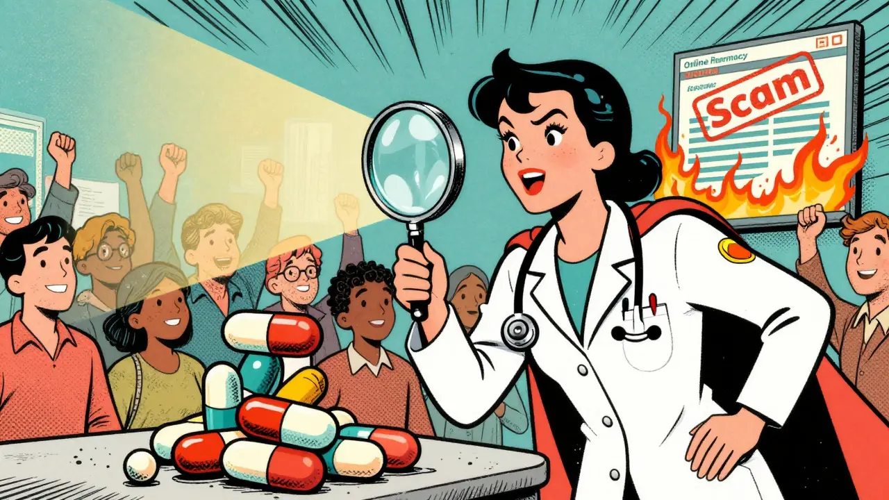 Héroïne en blouse de pharmacien détruisant des médicaments contrefaits avec une loupe lumineuse.