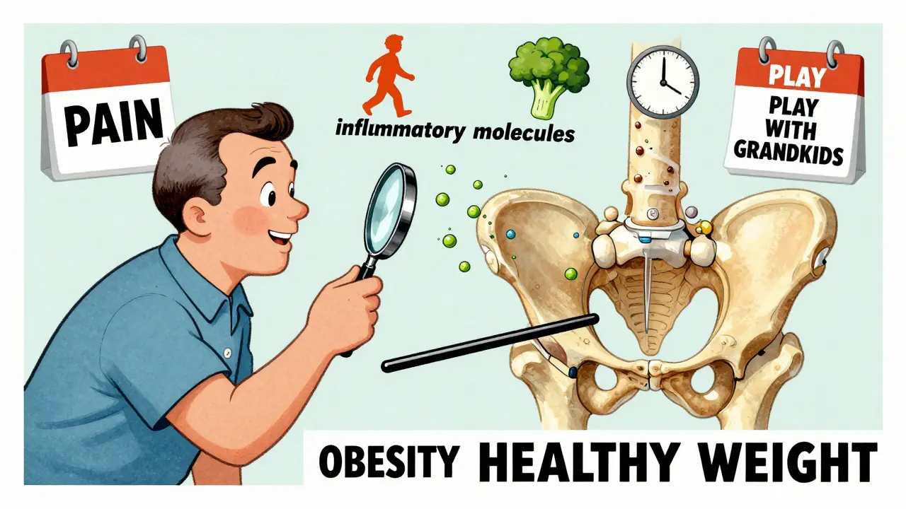 Homme observant une hanche anatomique avec une loupe, des cellules graisseuses fuyant, des symboles de marche et de nourriture saine.