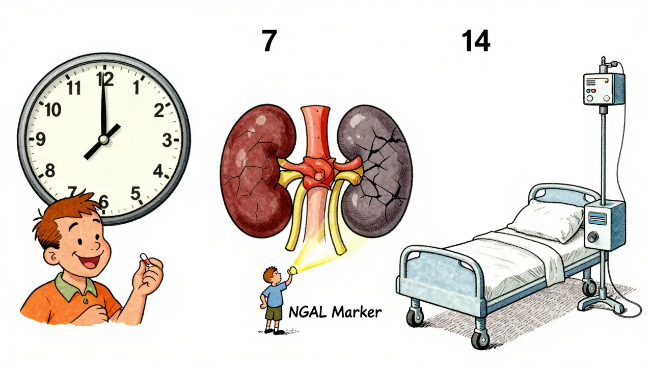 Horloge illustrant l'évolution des dommages rénaux causés par les médicaments, avec un marqueur biologique.