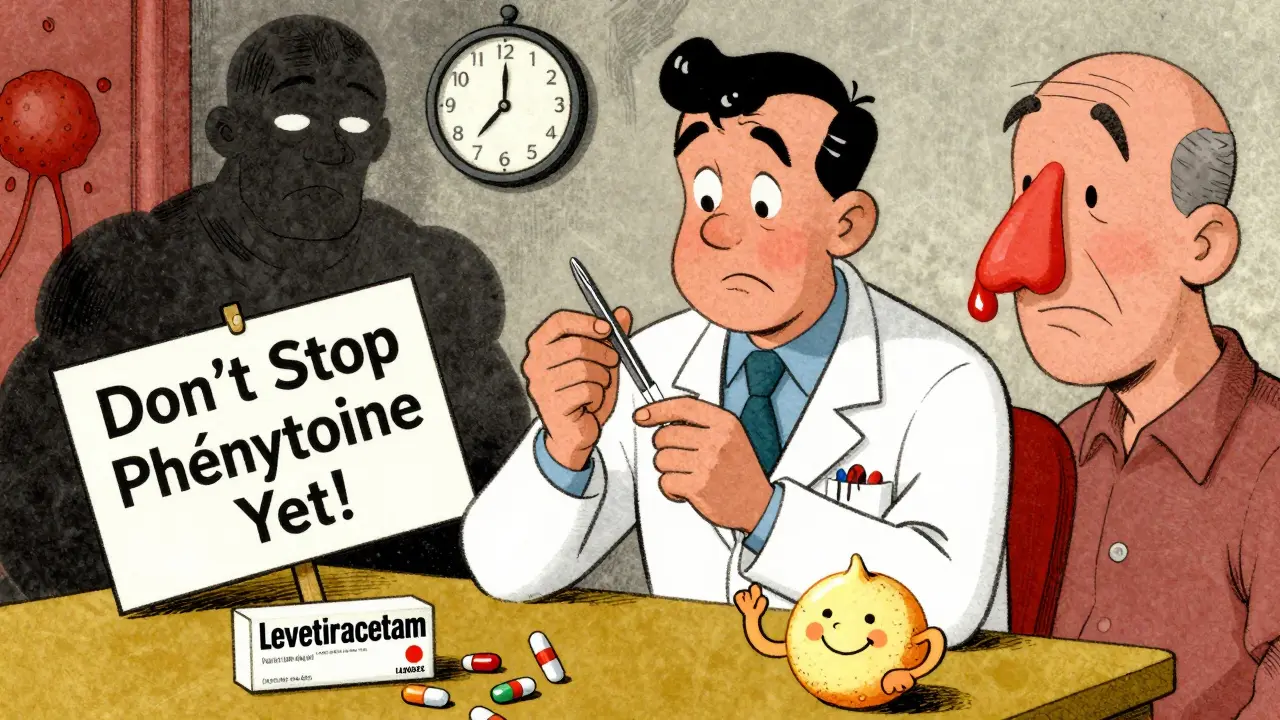 Médecin ajustant une dose de warfarine pendant que des alternatives sûres sourient, tandis qu'un caillot et un saignement menacent.