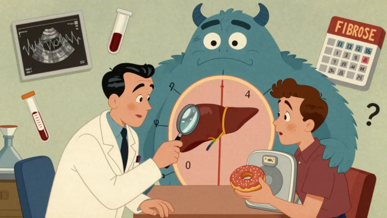 Médecin examinant un foie avec un patient face à une créature appelée 'FIBROSE' aux étapes 0 à 4, dans un style vintage.