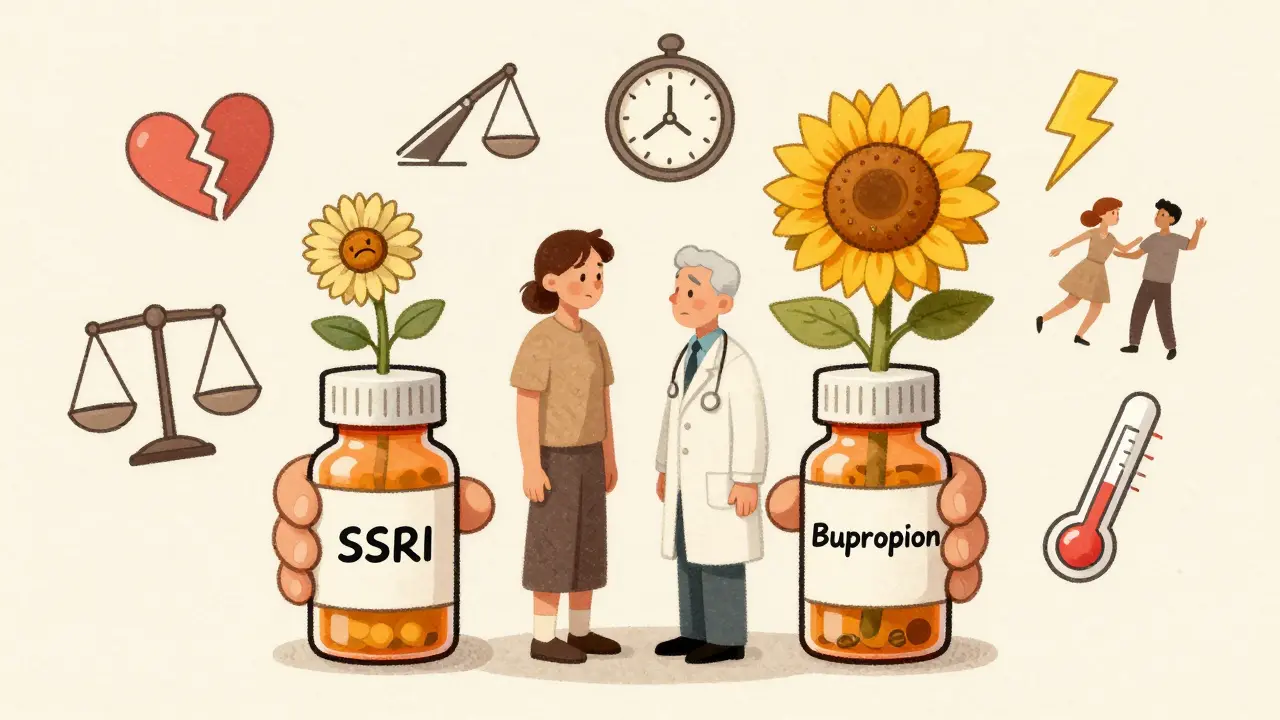 Médecin présentant deux médicaments : un qui fait pousser une fleur fanée, l'autre une fleur florissante, patient hésitant entre les deux.