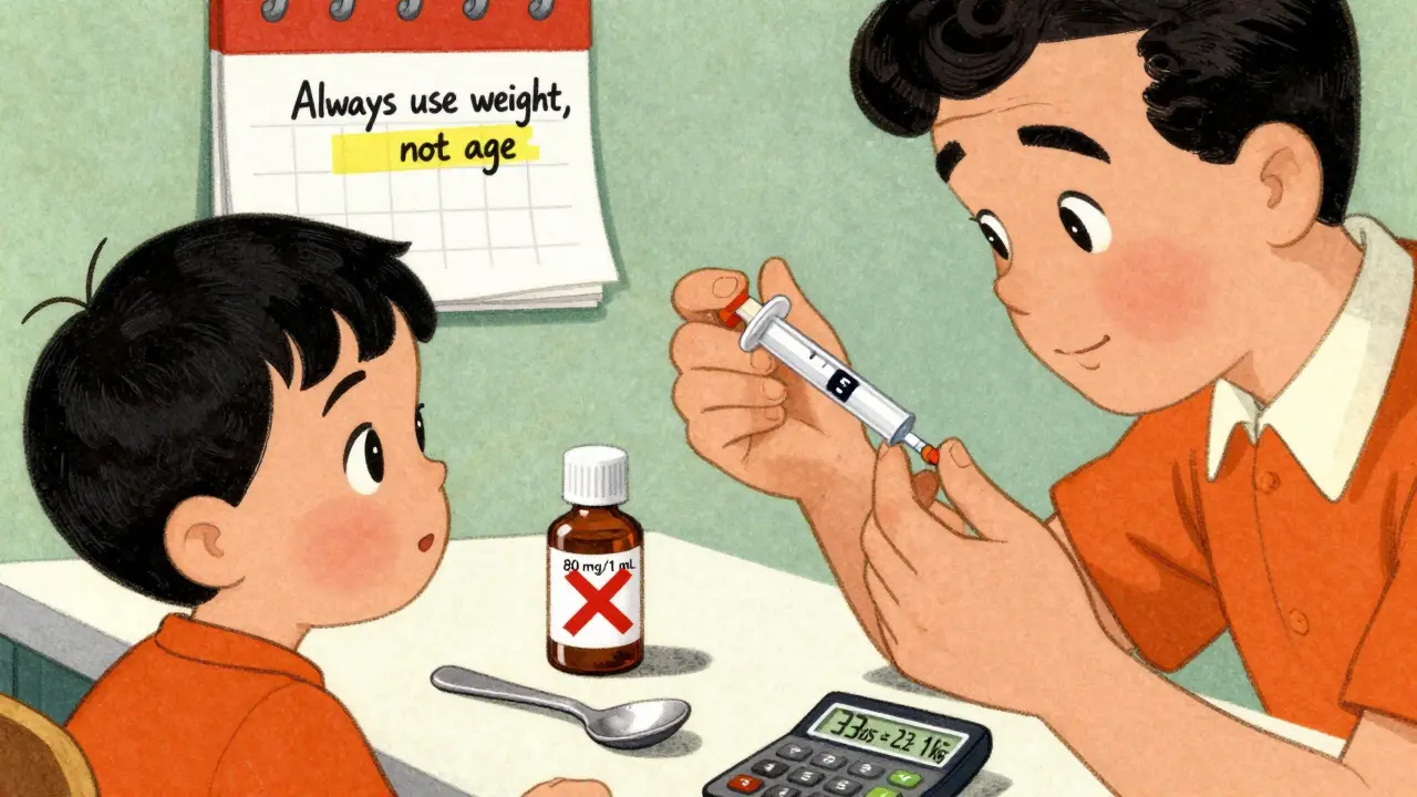 Parent utilisant une seringue orale pour mesurer un médicament, une cuillère jetée à côté, un calcul de poids visible.