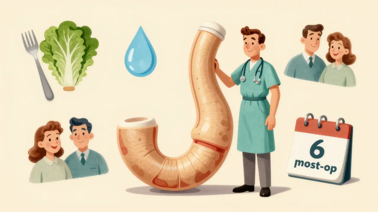 Patient à côté d'un modèle J-pouch, entouré d'icônes symbolisant l'alimentation, l'hydratation et la vie retrouvée.