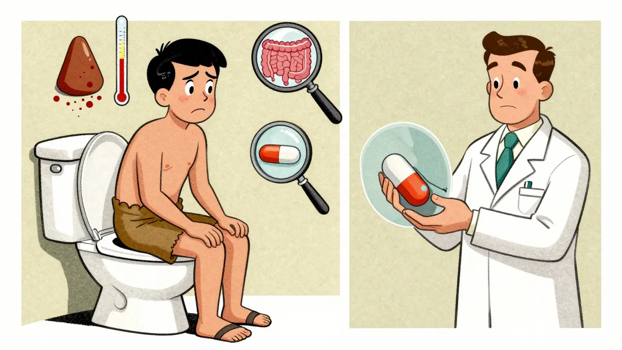 Patient avec des selles sanglantes et des symptômes de colite, entouré d'icônes médicales et d'un comprimé Myfortic.