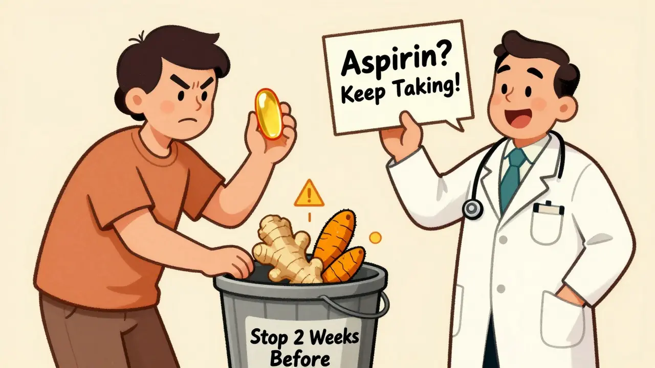 Patient éliminant des compléments naturels avant une intervention, avec un médecin qui encourage de garder l'aspirine, style cartoon vintage.