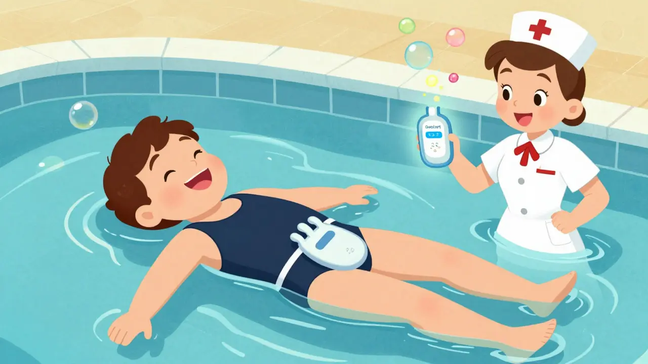 Patient nageant avec un sac d'ostomie discret, une infirmière lui montre un dispositif intelligent.
