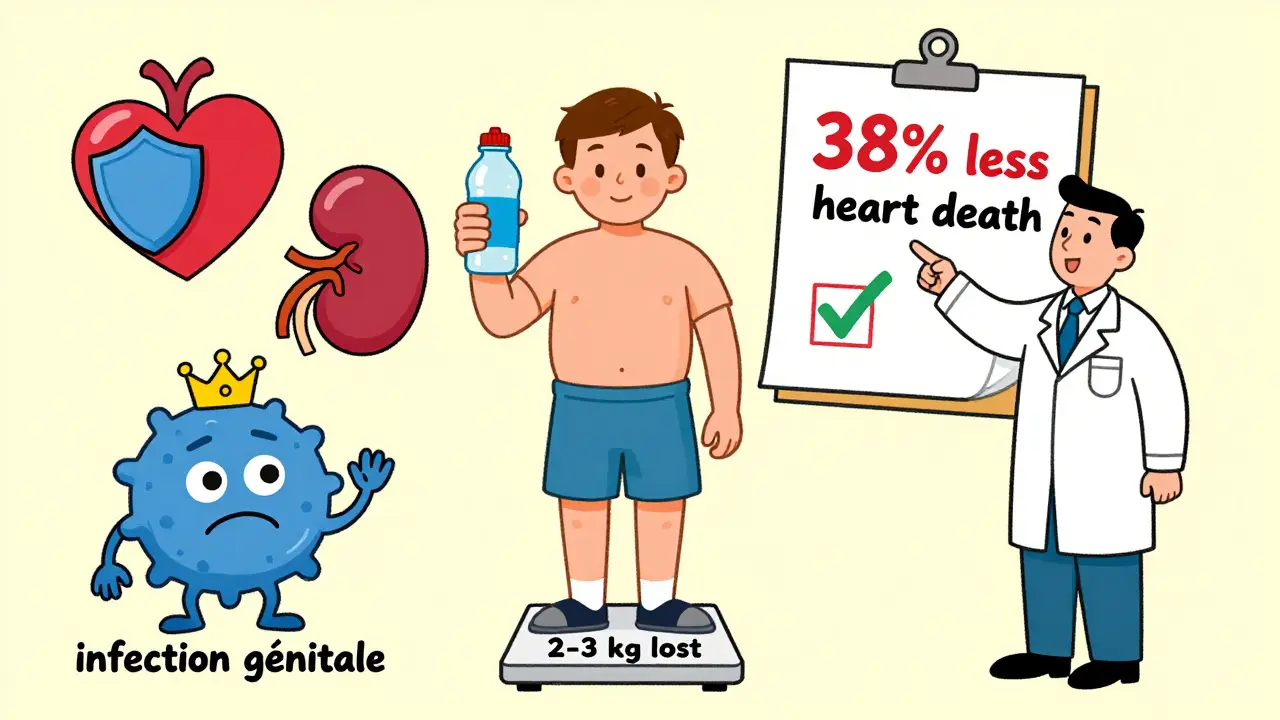 Patient perdant du poids, entouré d'un cœur protégé, d'un rein couronné et d'une infection fongique amusante.