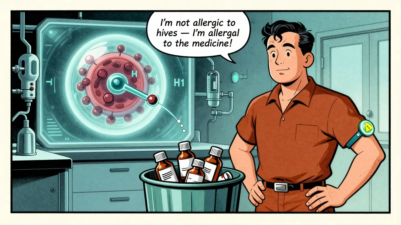 Patient portant un bracelet médical et jetant des antihistaminiques, tandis qu'une nouvelle molécule sécurisée apparaît en arrière-plan.