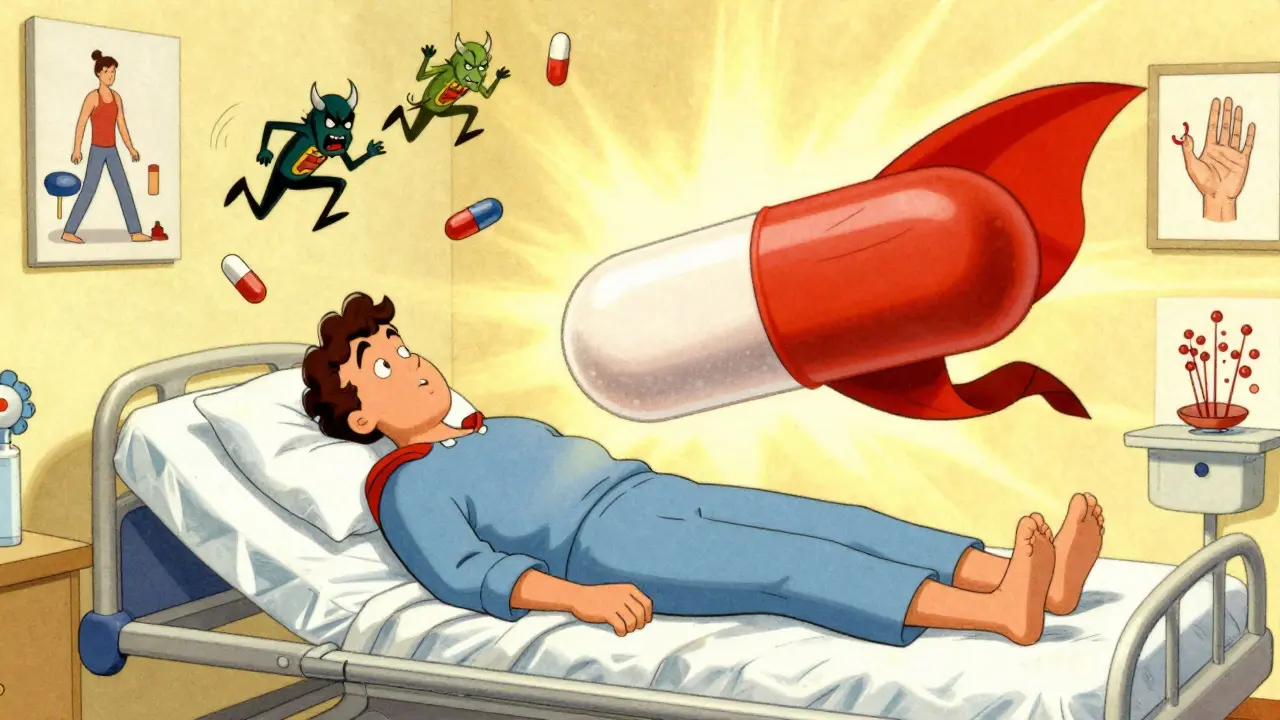 Patient protégé par un comprimé d'acetaminophen en cape de superhéros, tandis que les NSAID fuient comme des démons.