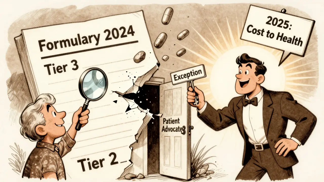 Patient utilisant une clé pour accéder à un niveau d'assurance moins cher, entouré de documents en ruine.