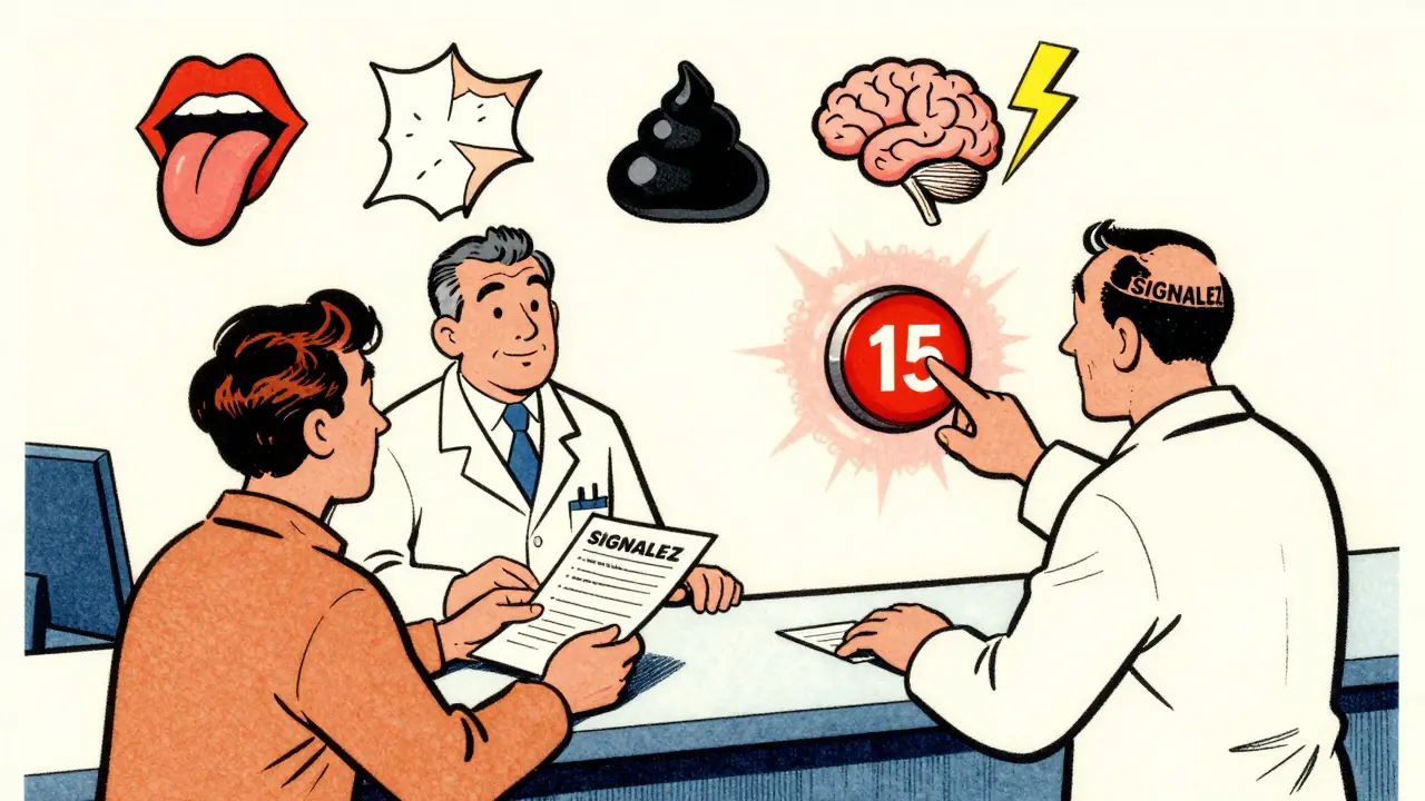 Pharmacie où un patient remet un formulaire pour signaler un effet secondaire, des symboles d'urgence flottent en arrière-plan.