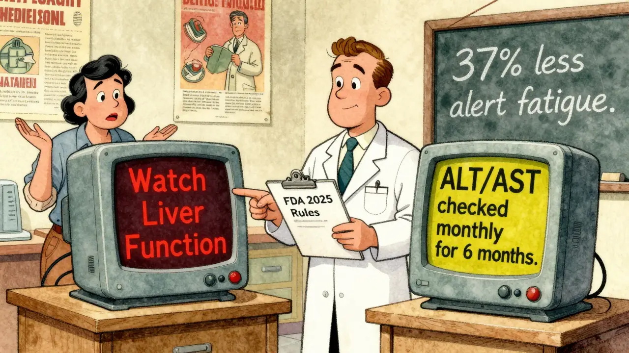 Pharmacien comparant deux alertes électroniques : une vague et une précise, dans un style cartoon vintage.