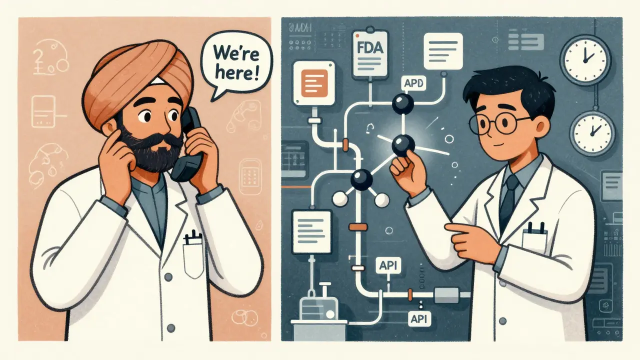 Pharmacien indien répondant au téléphone à 2h du matin, tandis qu'un technicien chinois suit une molécule dans un pipeline.